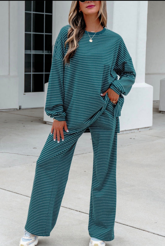Green Stripe Long Top and Pants Set