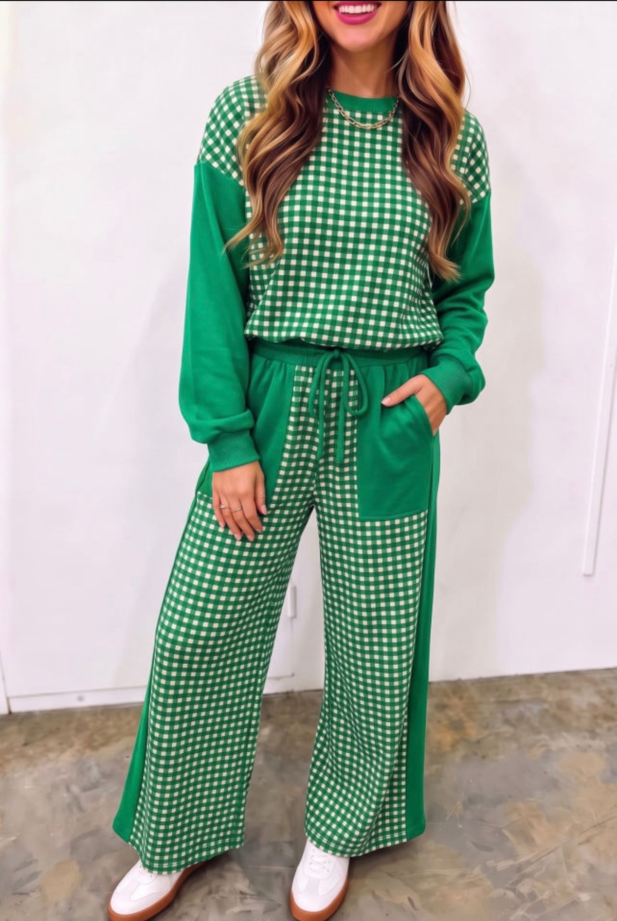 Green Colorblock Gingham Top and Pants Set