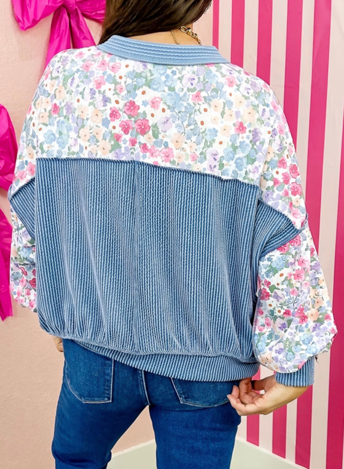 Blue Twisted Ribbed Floral Top