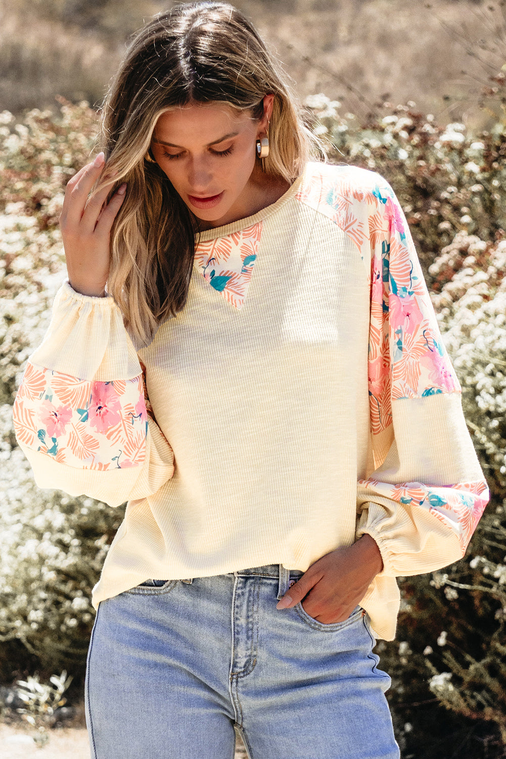 Beige Floral Patchwork Balloon Sleeve Blouse