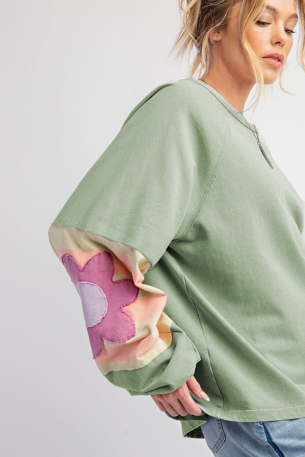 Green Flower Sleeve Oversized Top