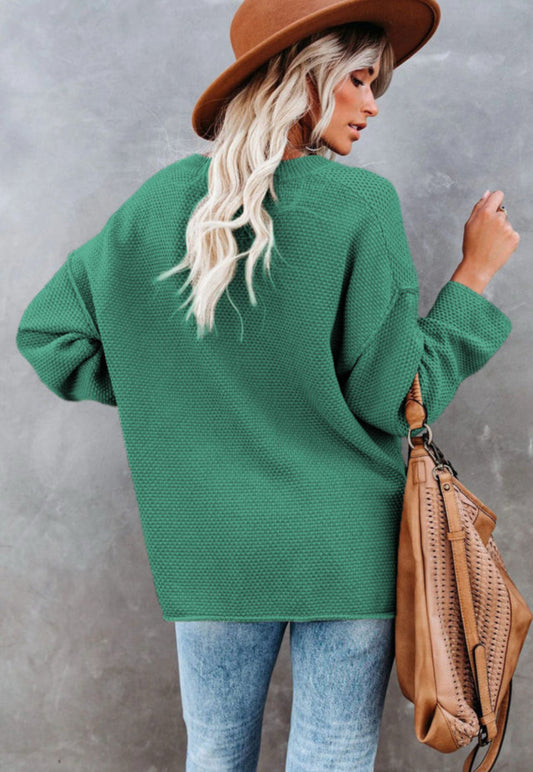 Green Waffle Henley Sweater