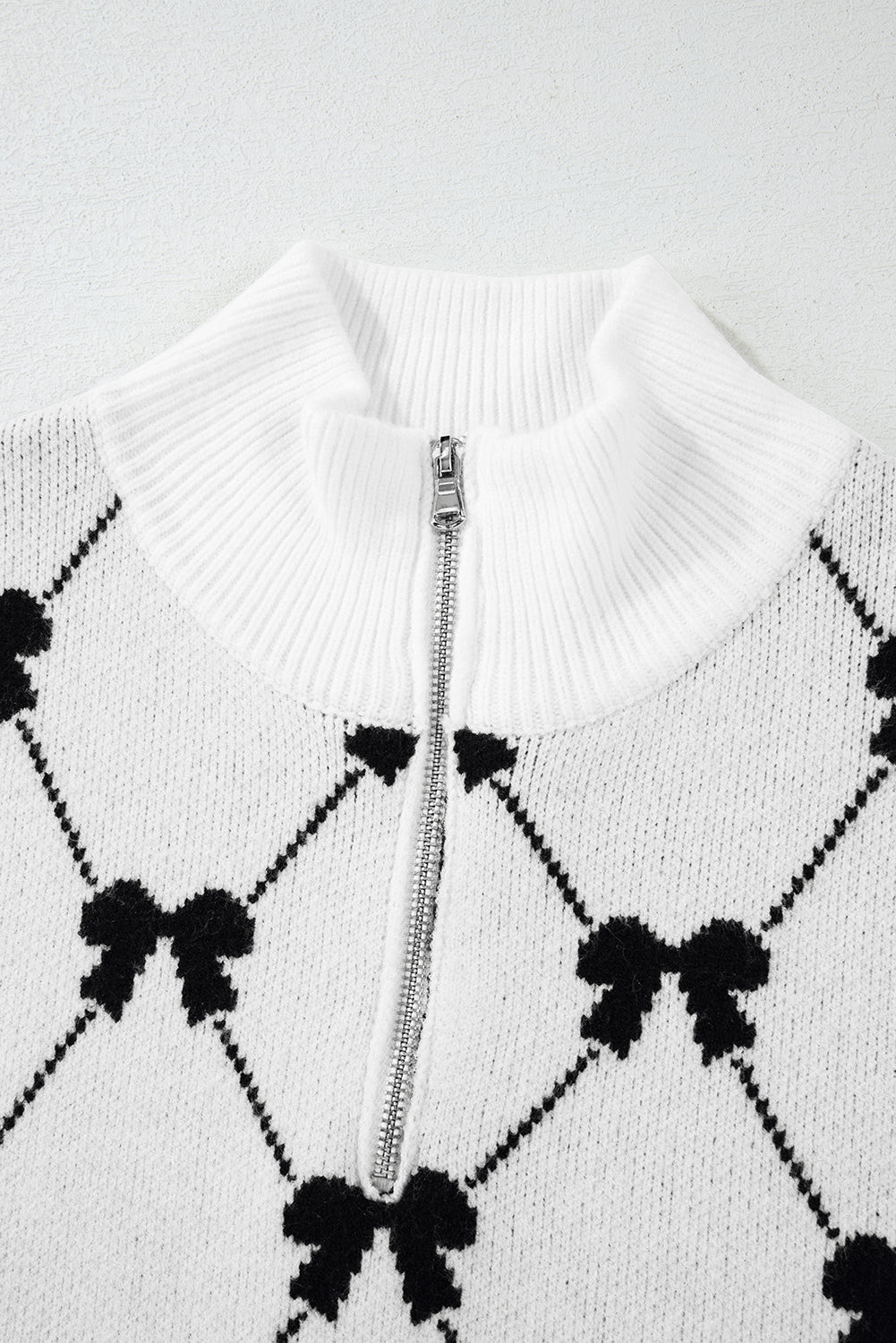 Black Bow Print Zipped Collar Sweater