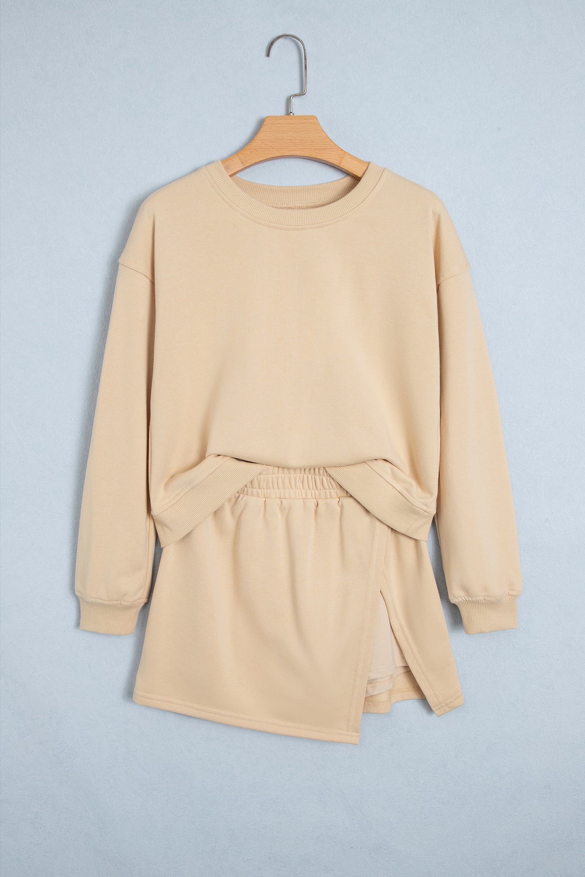 Solid Beige Long Sleeve Top Split Skort Set