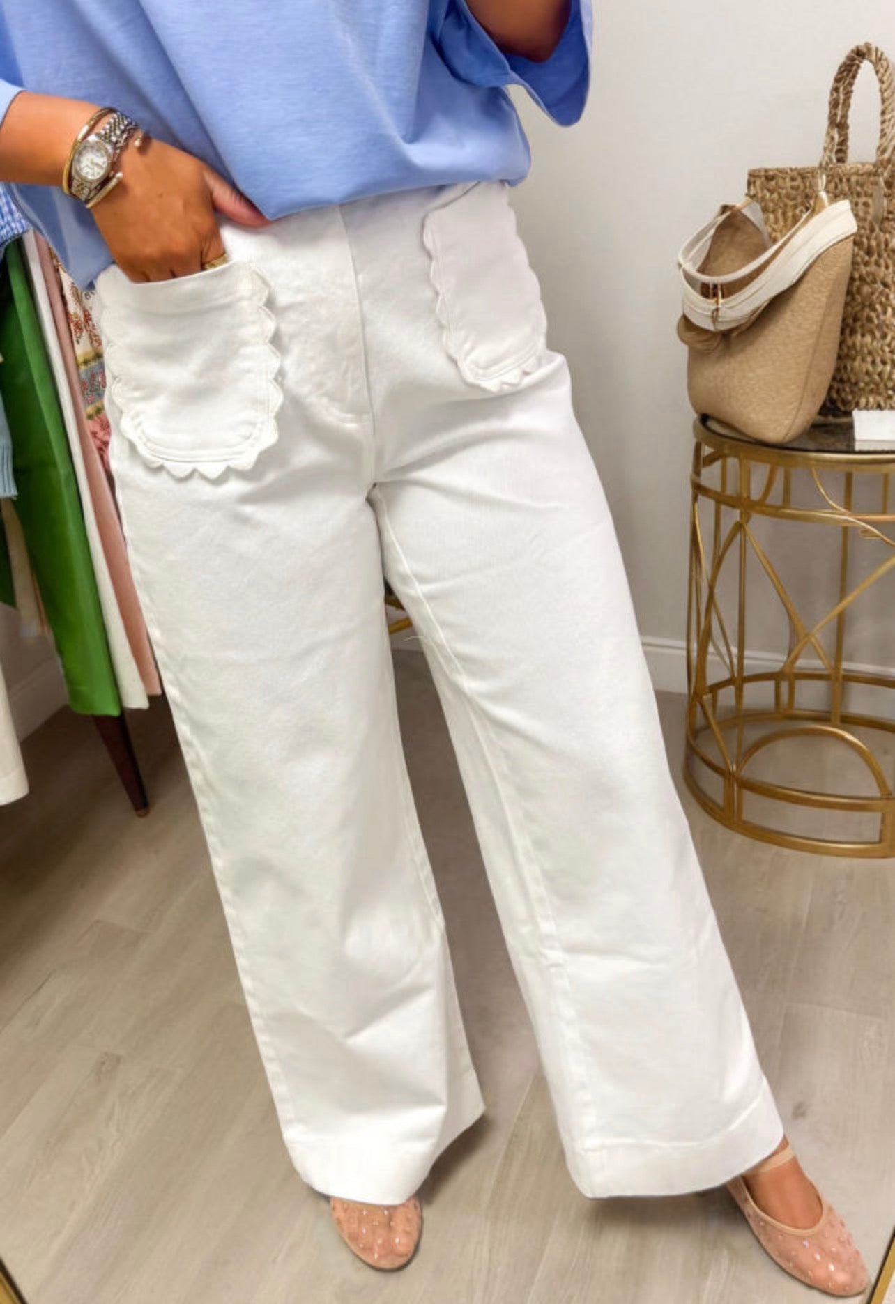 White Scallop Pocket Jeans