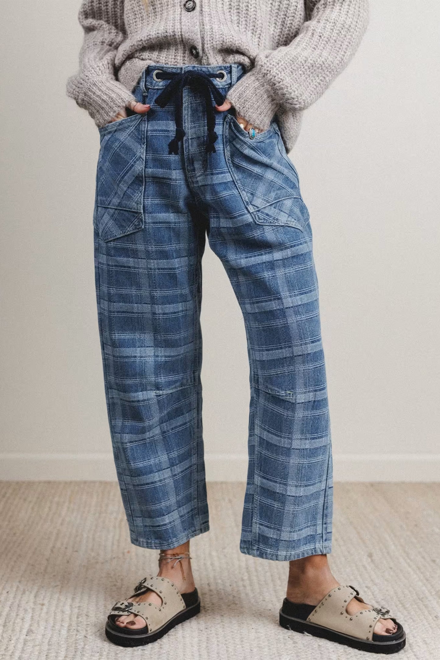 Blue Plaid Denim Drawstring Ankle-Length Jeans