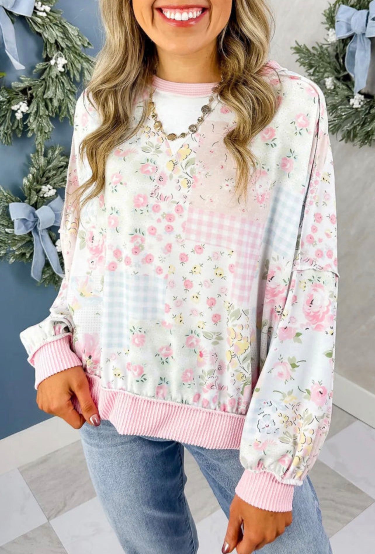 Pink twisted Rib Patchwork Print Top