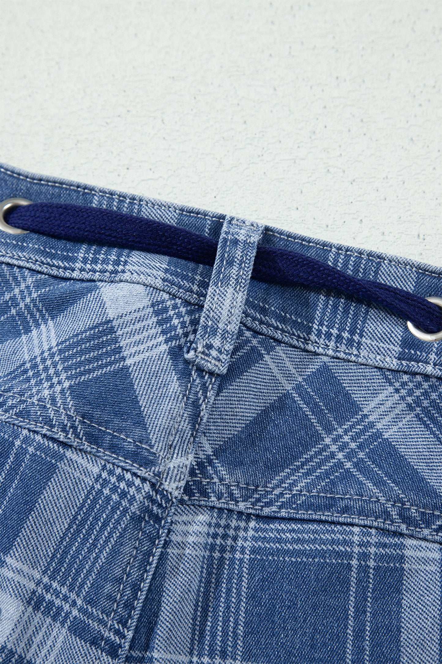 Blue Plaid Denim Drawstring Ankle-Length Jeans