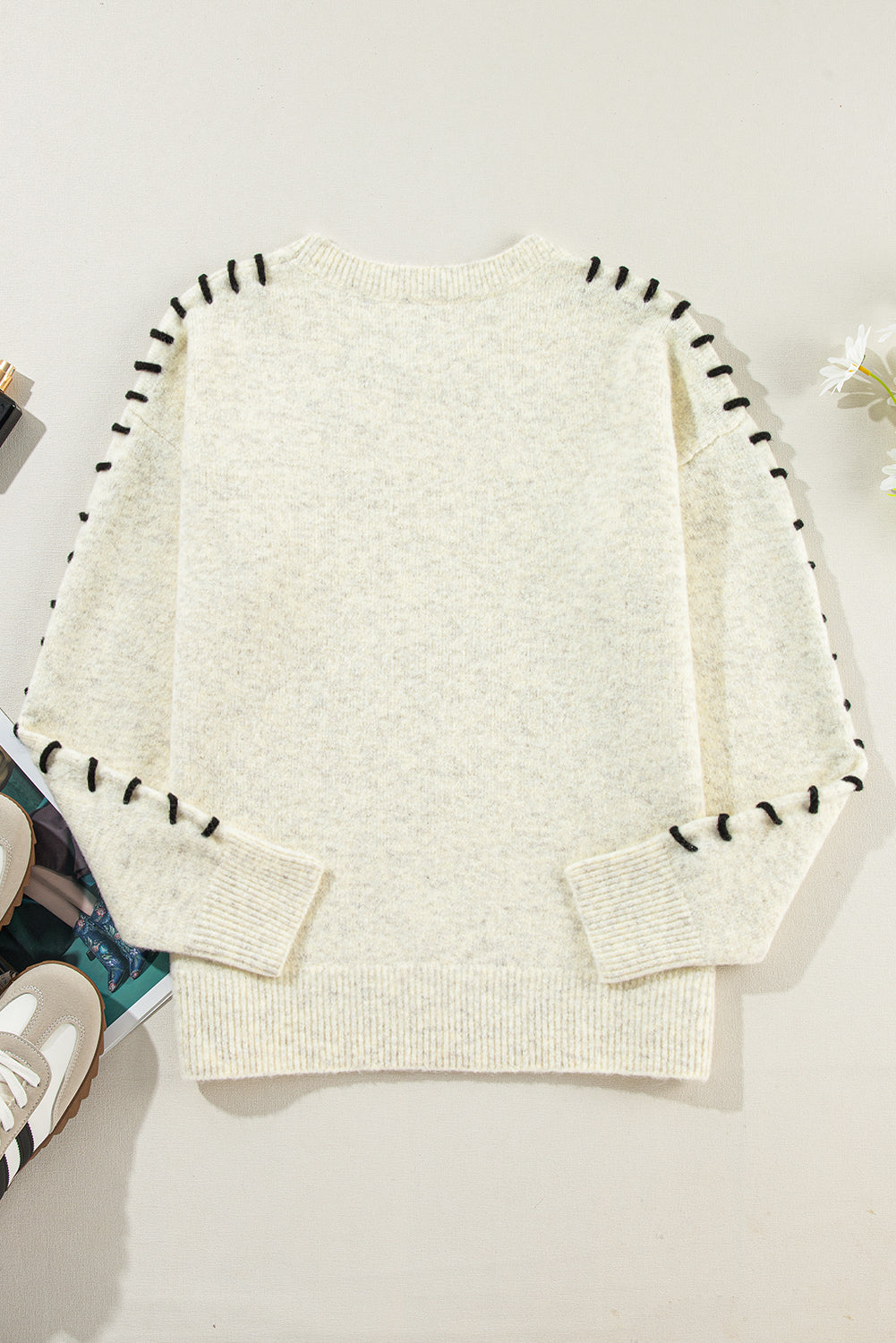 White Contrast Stitch Sweater