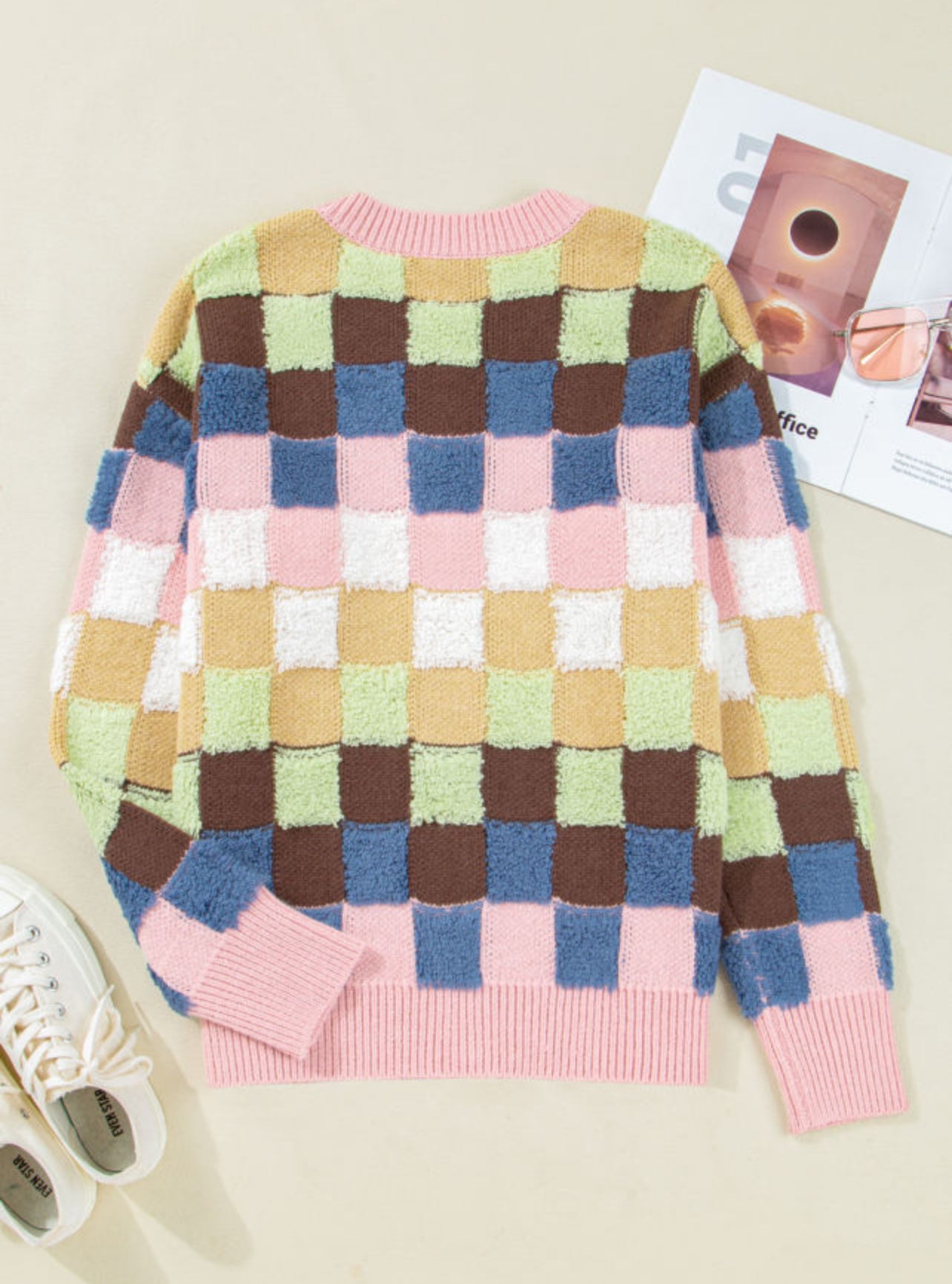 Pink Multicolor Check Sweater Cardigan