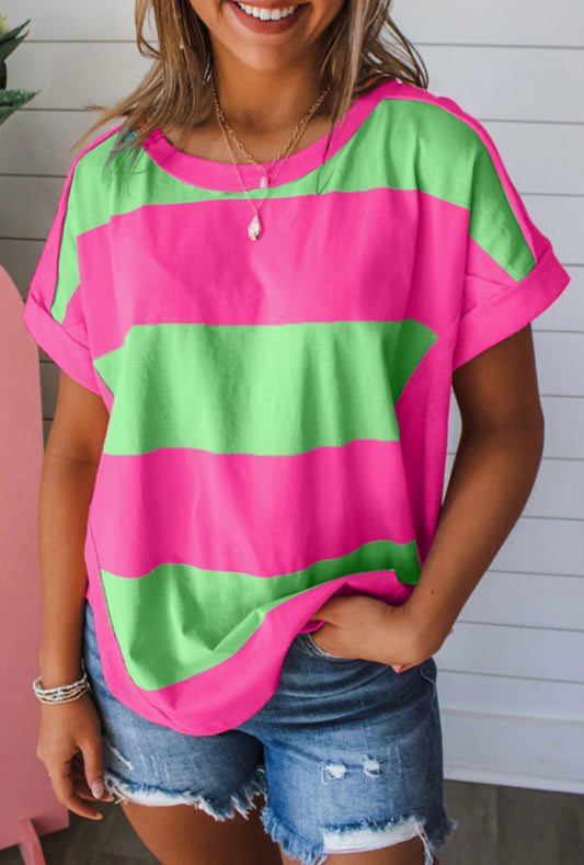 FINAL SALE—Pink & Green Stripe Round Hem T-shirt