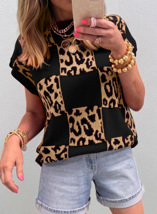 Black Leopard Checkered Sweater Tee