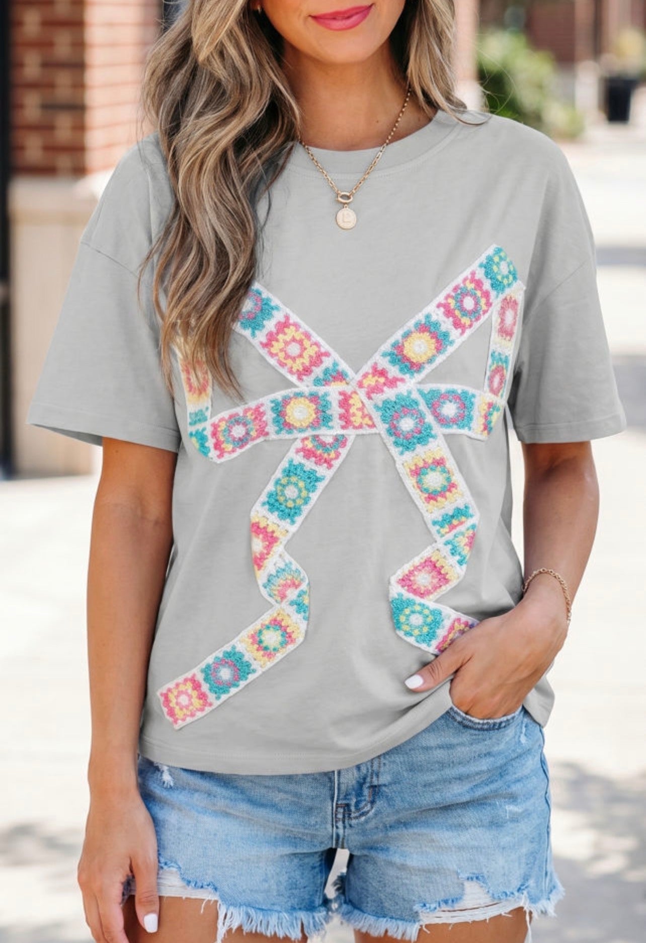 Light Gray Crochet Bow Tee