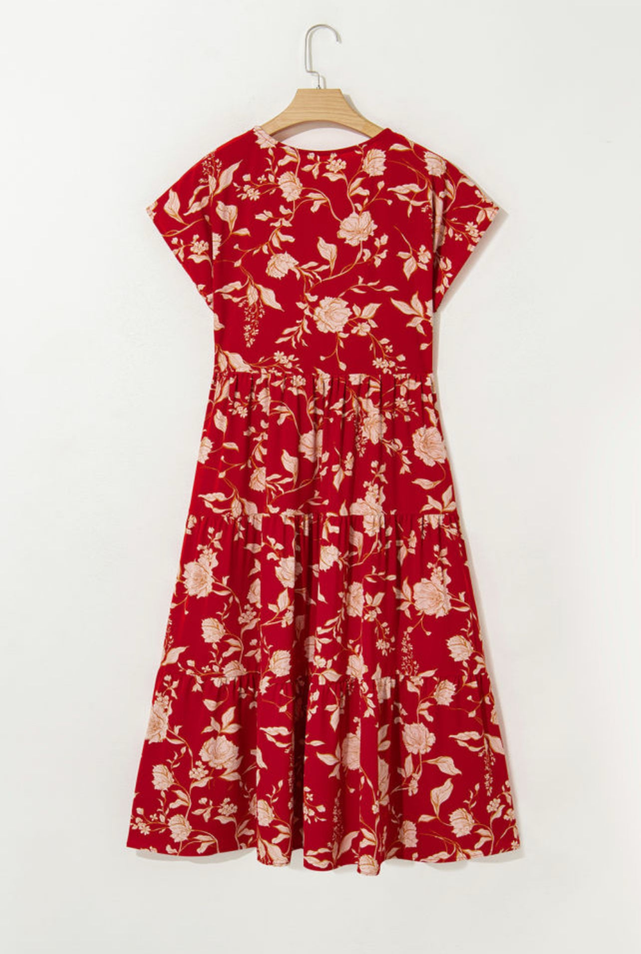 Red Floral Short Sleeve Midi Dress