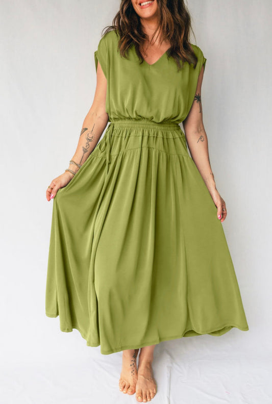 Jungle Green Elastic Waist Flowy Dress