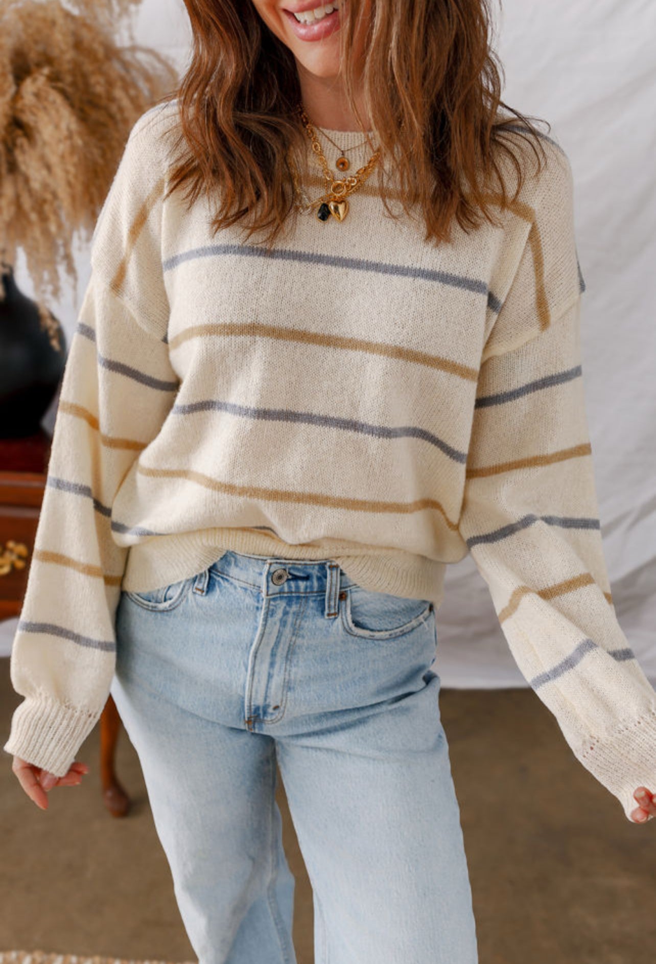 Cream Gray Stripe Sweater