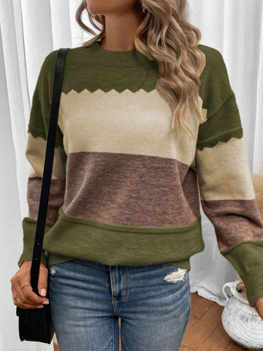 Green Earth Tone Colorblock Sweater-LOCAL