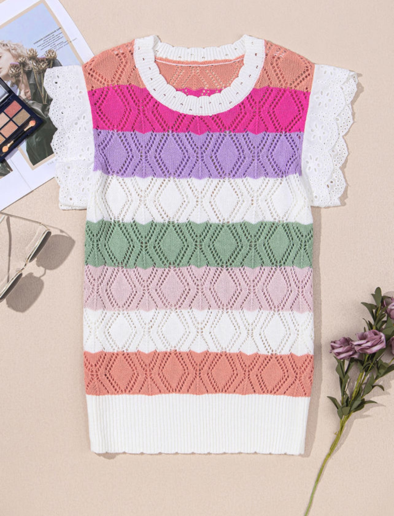 FINAL SALE—Stripe Knit Eyelet Sleeve Sweater