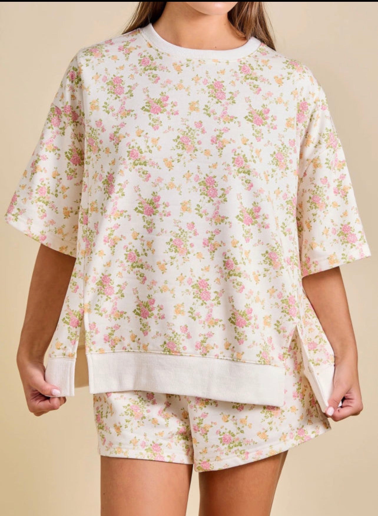 Pink Floral Split Sides Top and Shorts Set