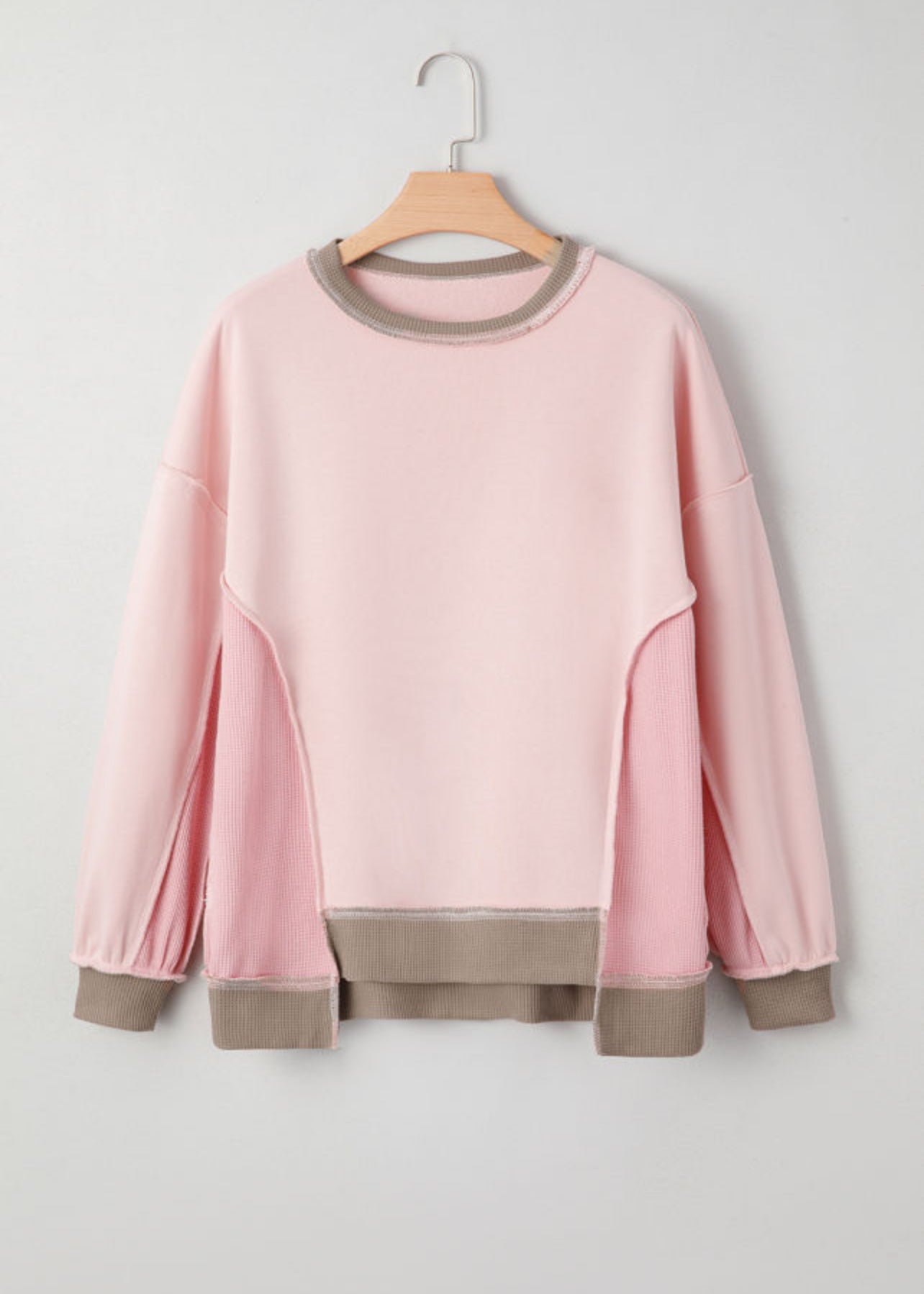 Pink Waffle Patchwork Oversized Sweatshirt