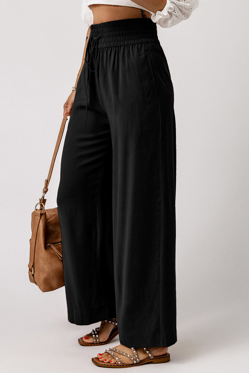 Black Drawstring Wide Leg Pants