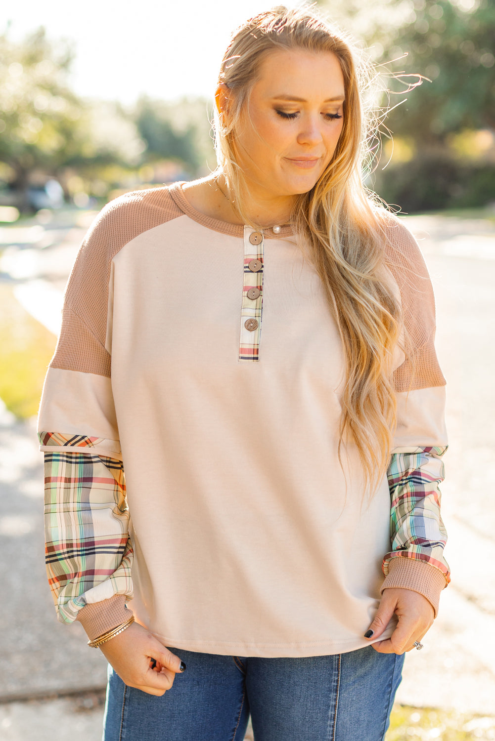 Beige Plus Size Plaid Layered Henley Top