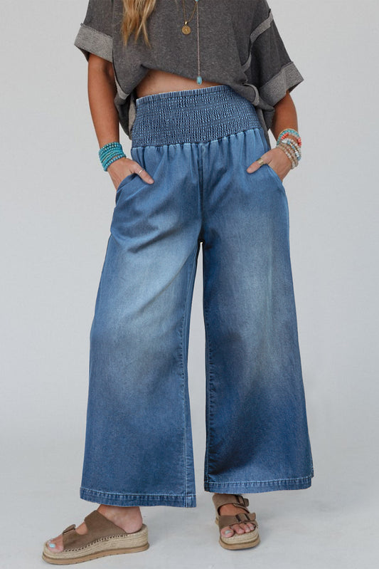 Blue Smocked High Waist Wide Leg Jeans