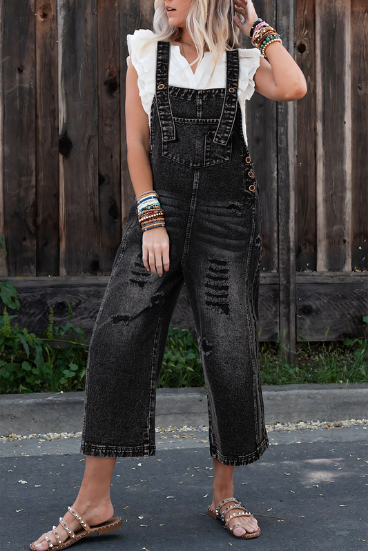 Black Distressed Wide Leg Denim Overall