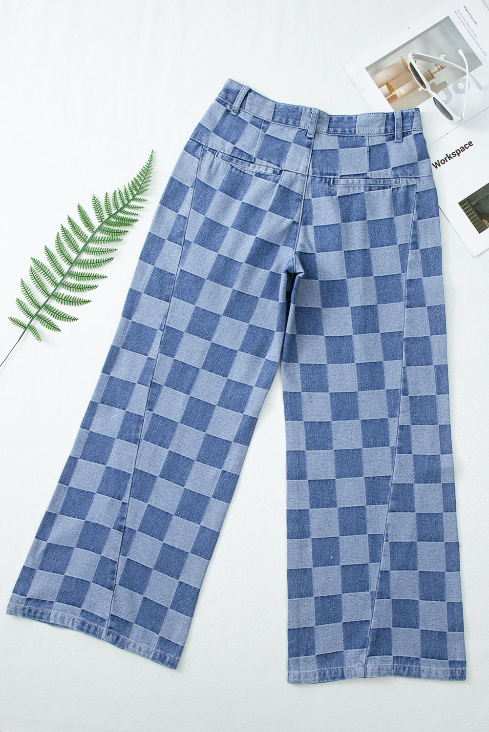 Blue Checkered Denim Wide Leg Jeans