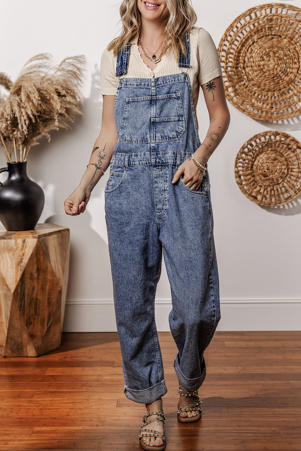 Blue Denim Straight Leg Overalls