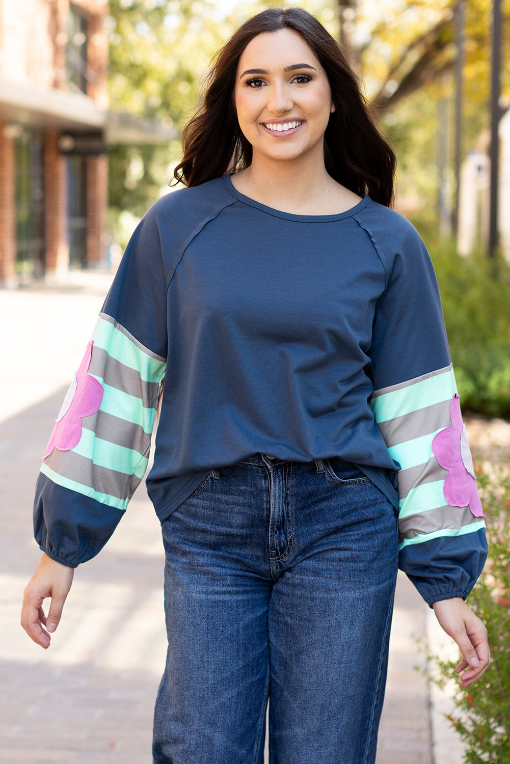 Blue Flower Sleeve Oversized Top