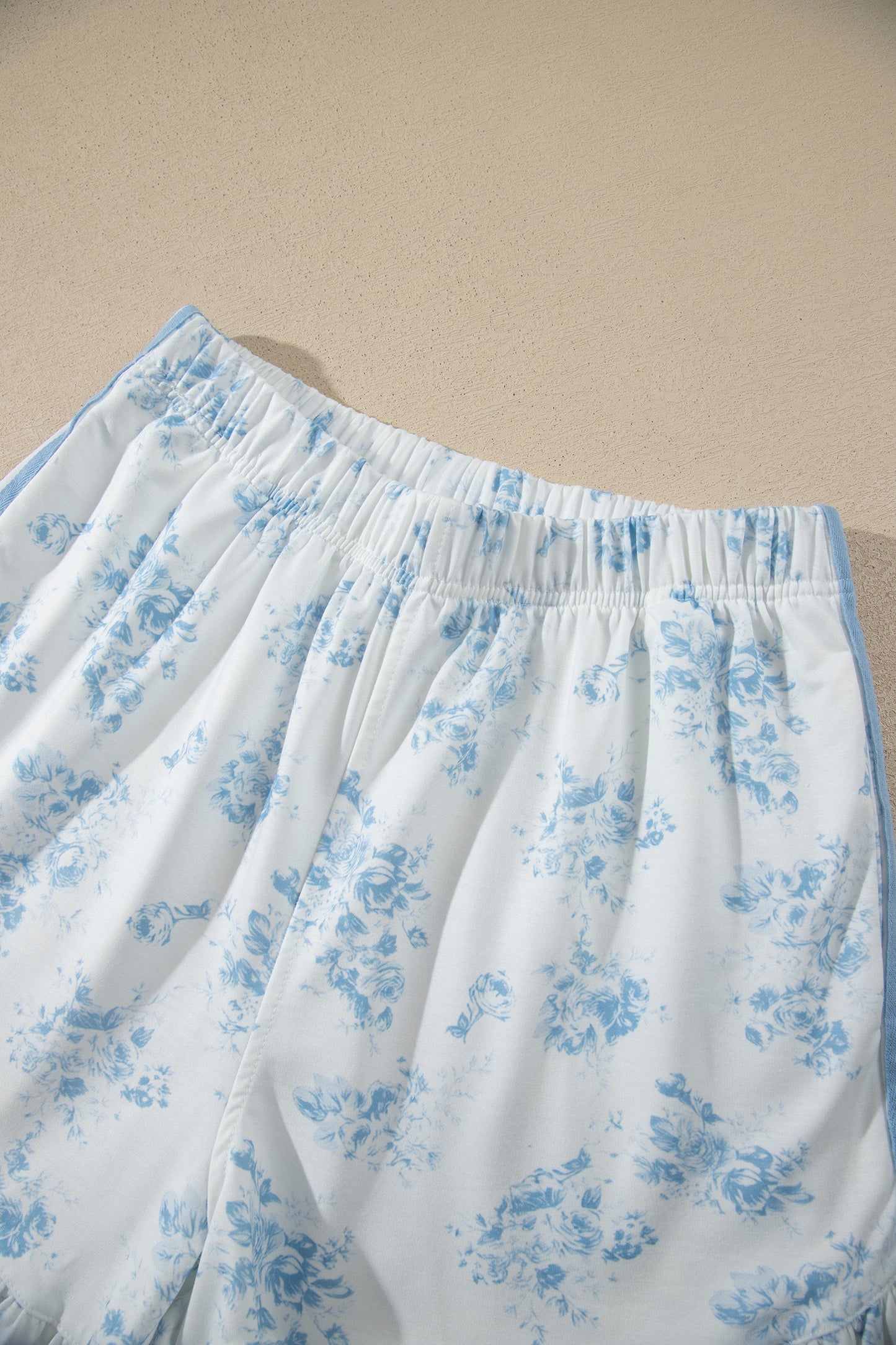Sky Blue Floral Long Sleeve Top Ruffle Hem Shorts Set
