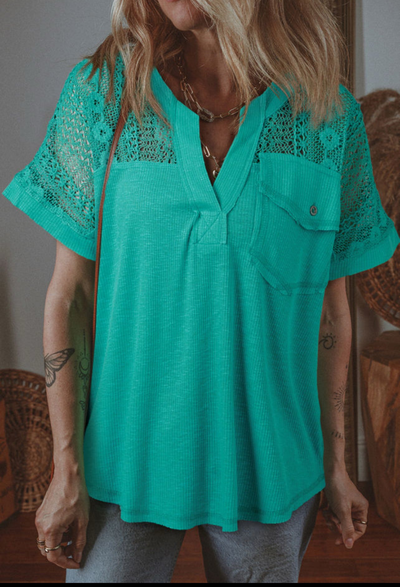 SALE SALE—Green Lace Relaxed Fit Pocket T