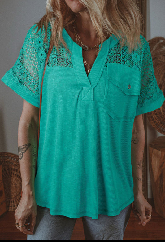 SALE SALE—Green Lace Relaxed Fit Pocket T
