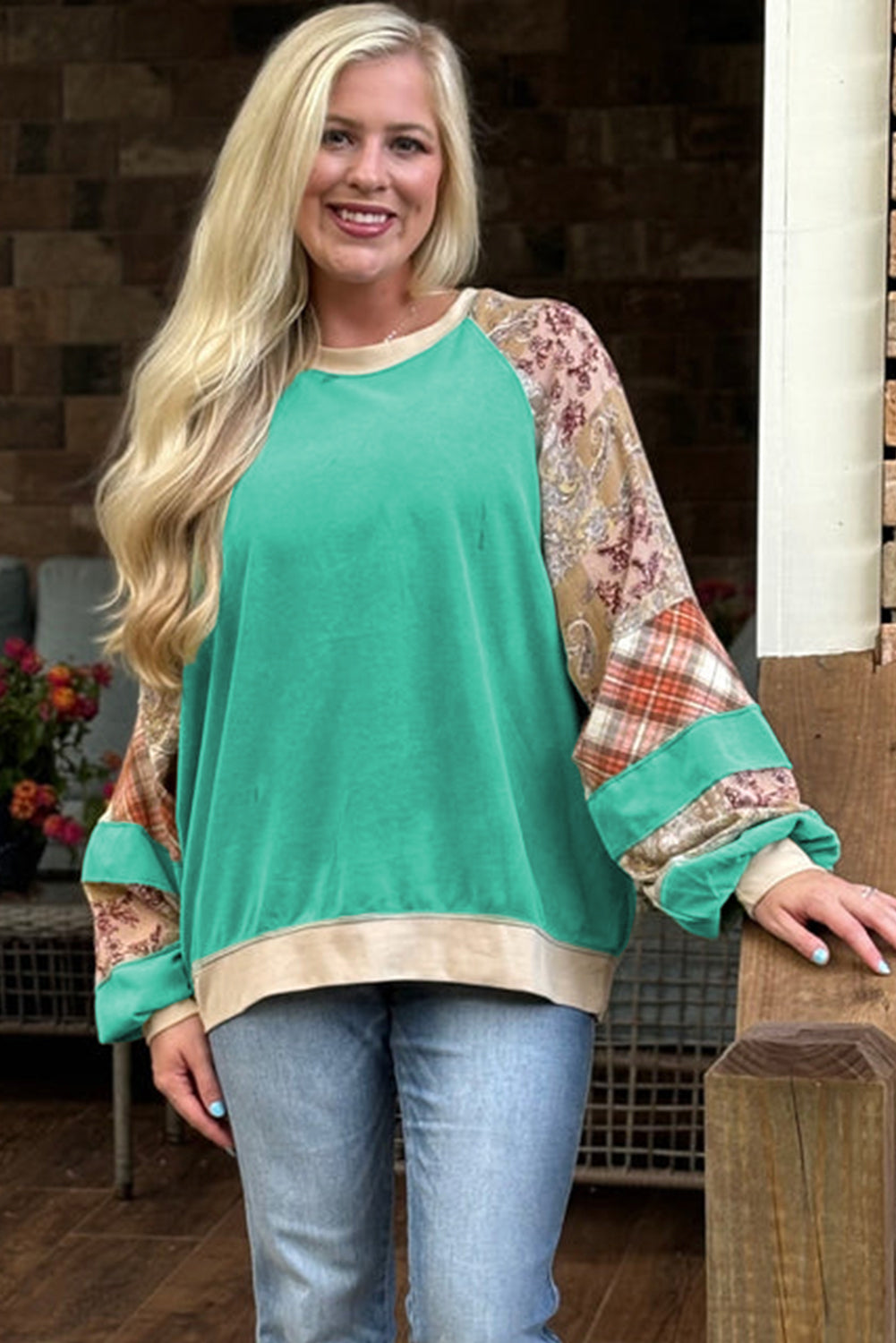 Green Plus Size Plaid Patchwork Sleeve Sweatshirt