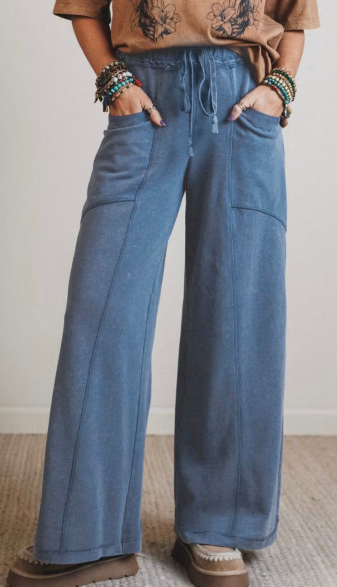 Dusty Blue Comfort Wide Leg Drawstring Pants