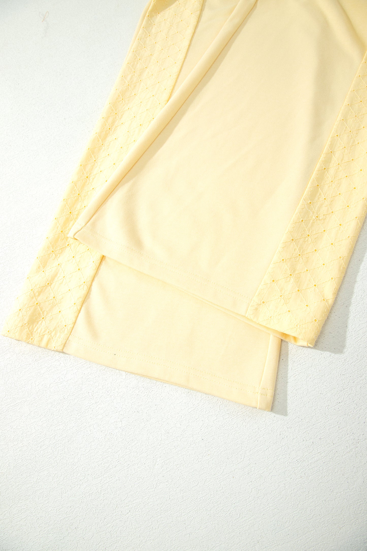 Soft Yellow Eyelet Patchwork Cropped Pullover Drawstring Pants Set