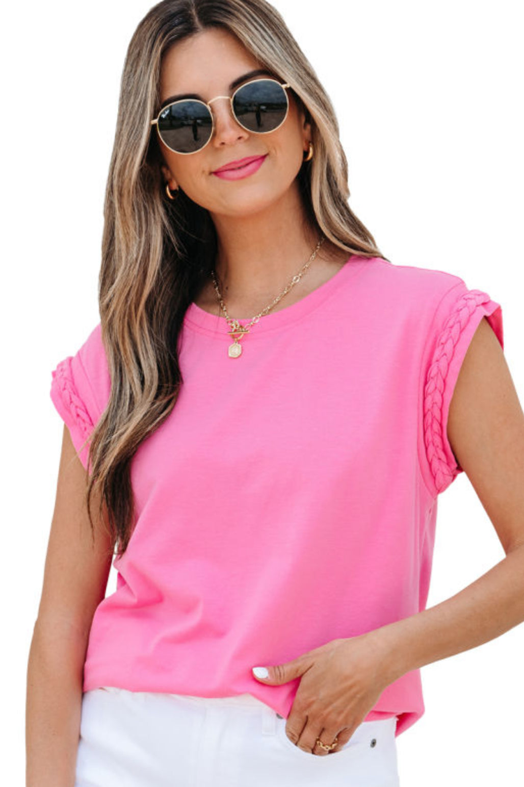 FINAL SALE—Pink Braided Sleeve Tee