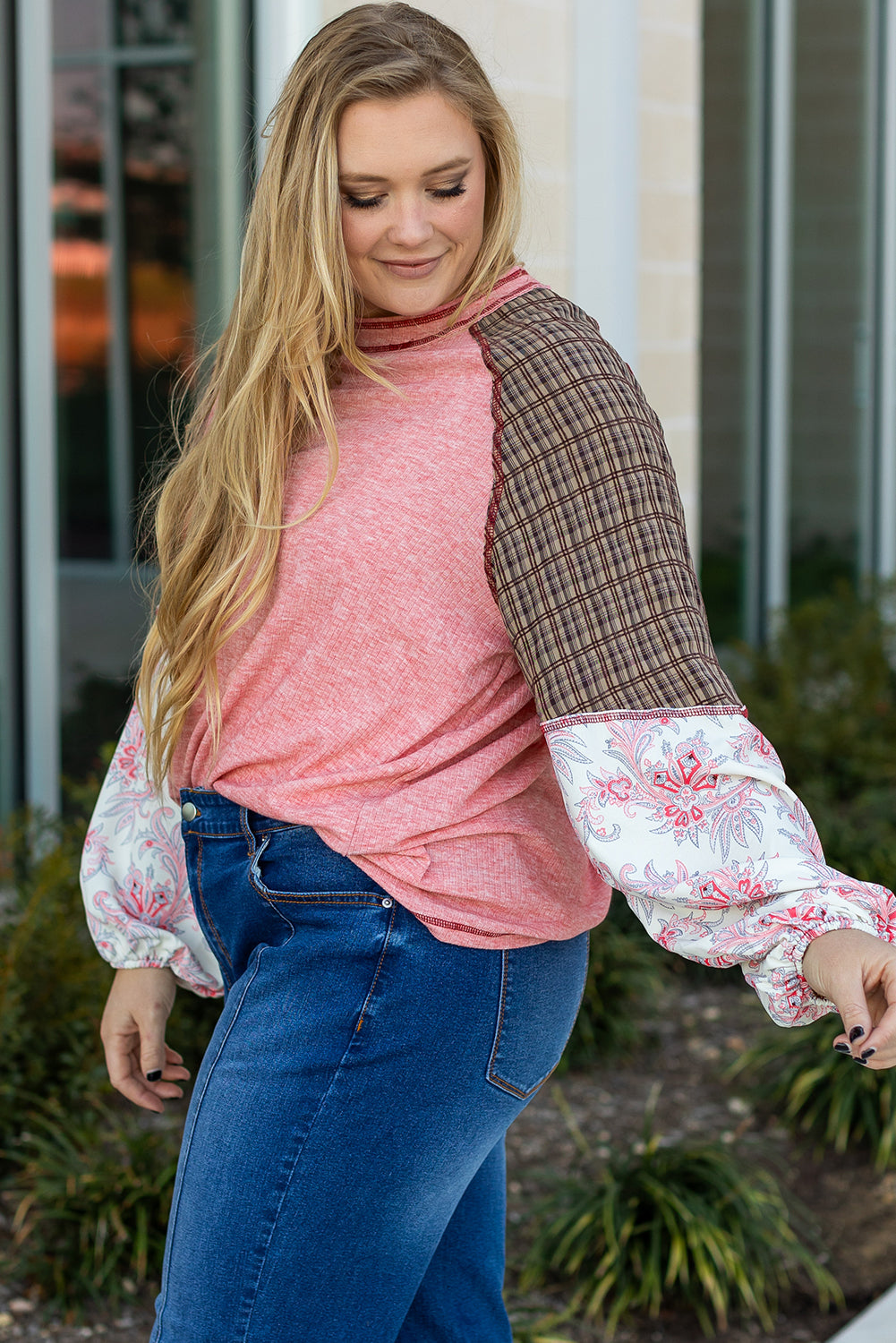 Pink Patchwork Sleeve Plus Size Top