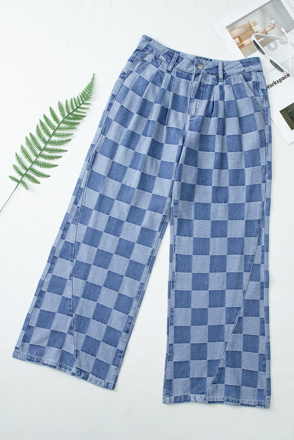 Blue Checkered Denim Wide Leg Jeans