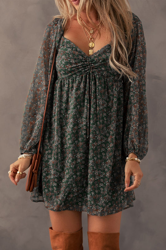 Green Floral Print Mini Dress