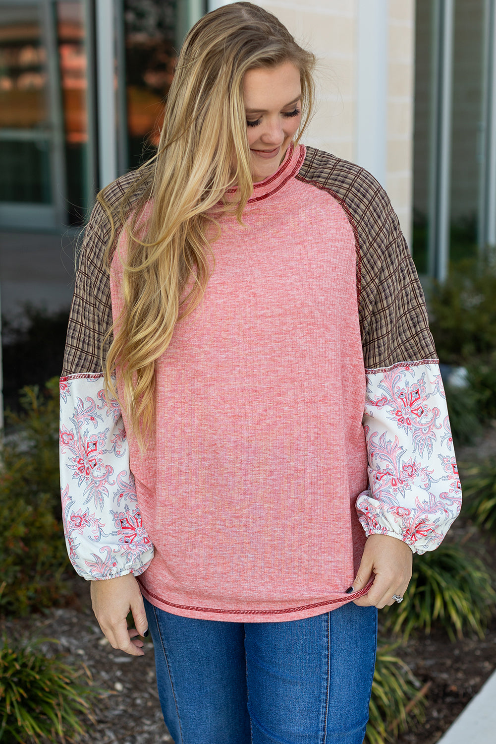 Pink Patchwork Sleeve Plus Size Top