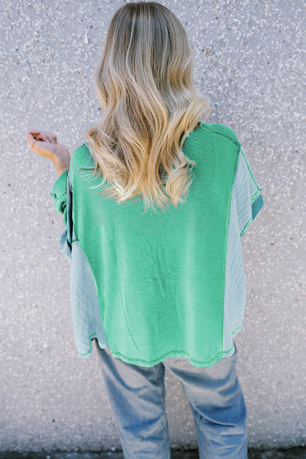 Green Patchwork Buttoned Sleeve Top