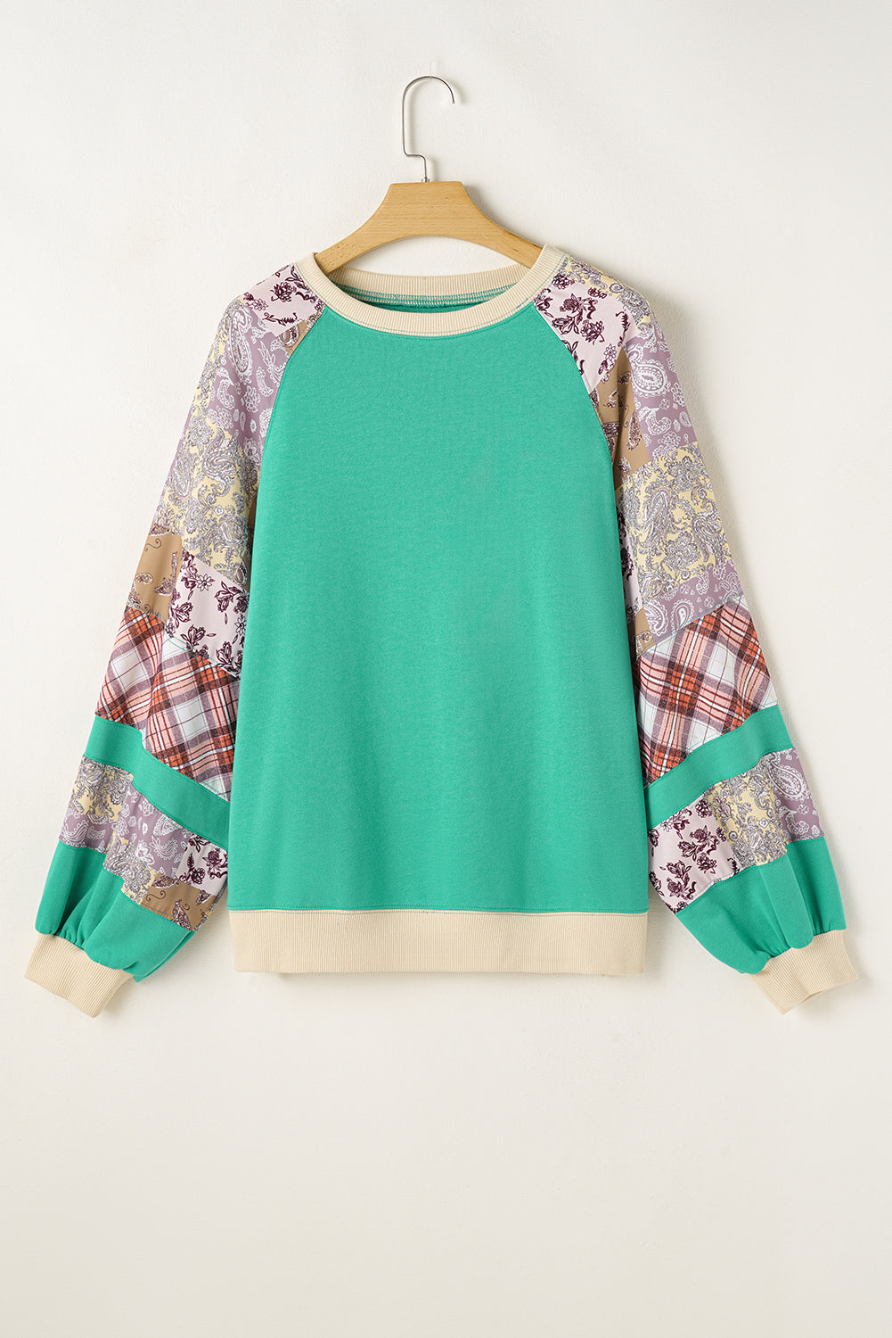 Green Plus Size Plaid Patchwork Sleeve Sweatshirt