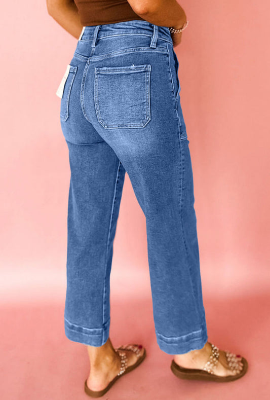 Sky Blue Cropped Wide Leg Stretch Jeans