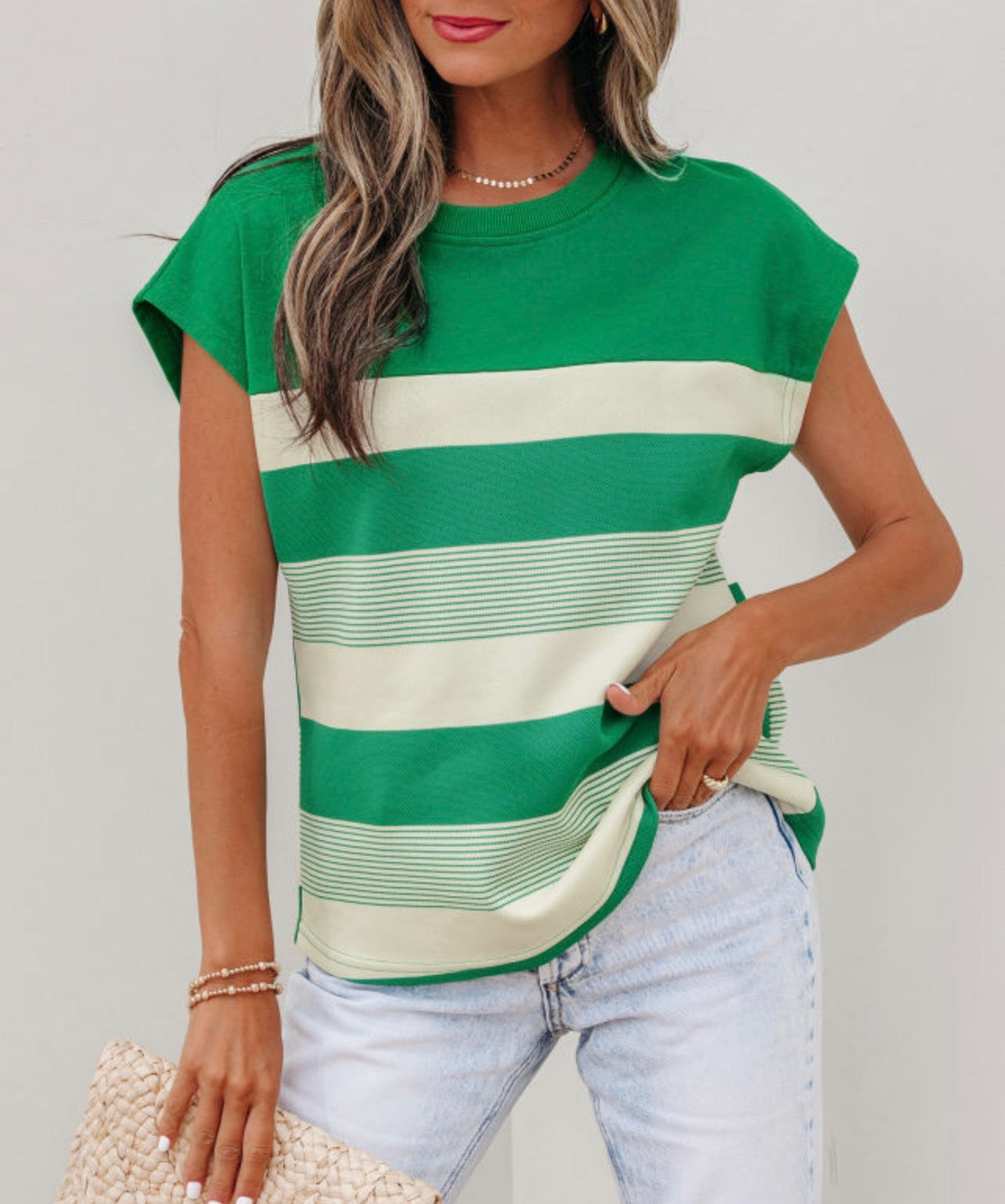 Green Stripe Cap Sleeve Top