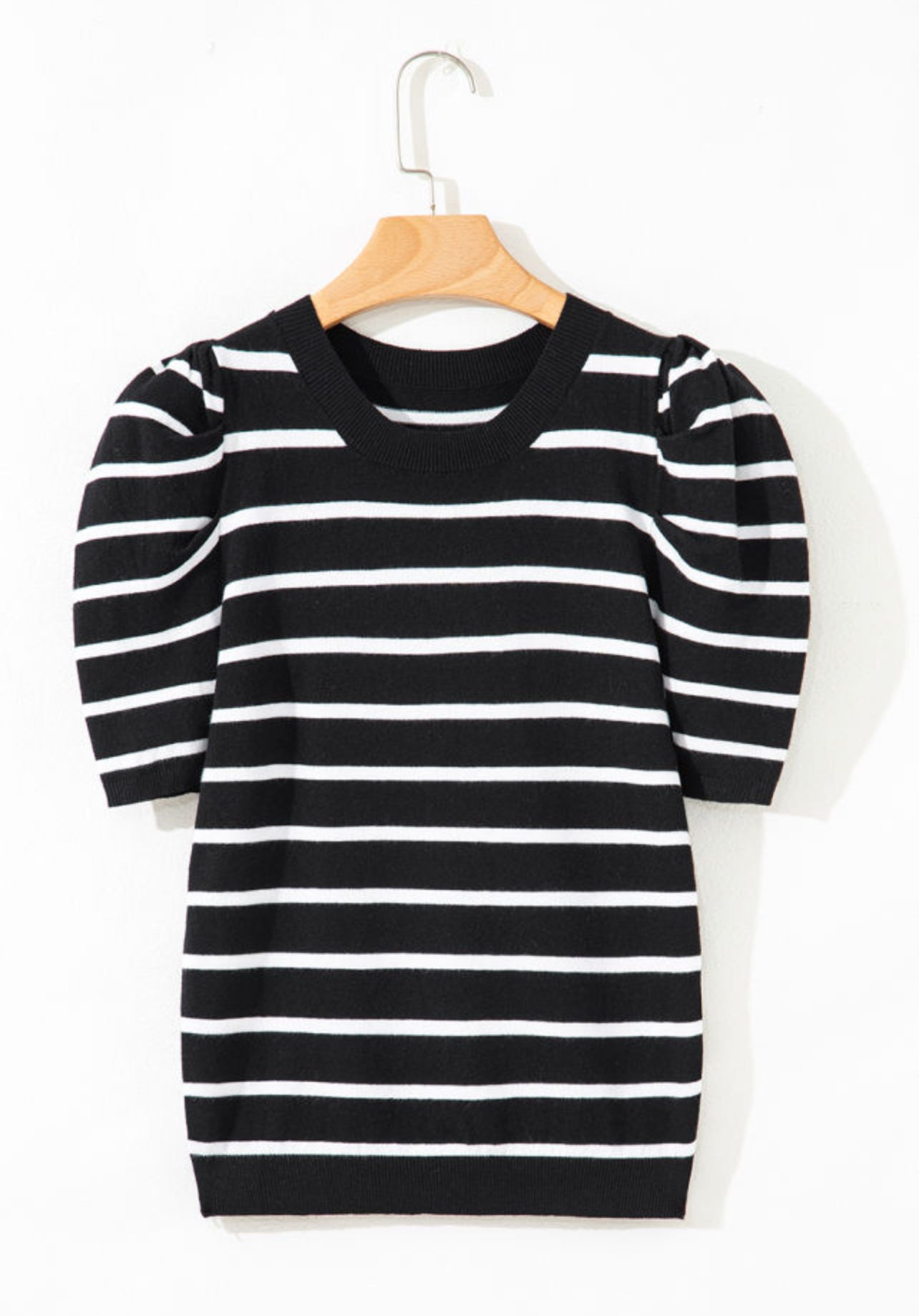 White Stripe Puff Sleeve Sweater