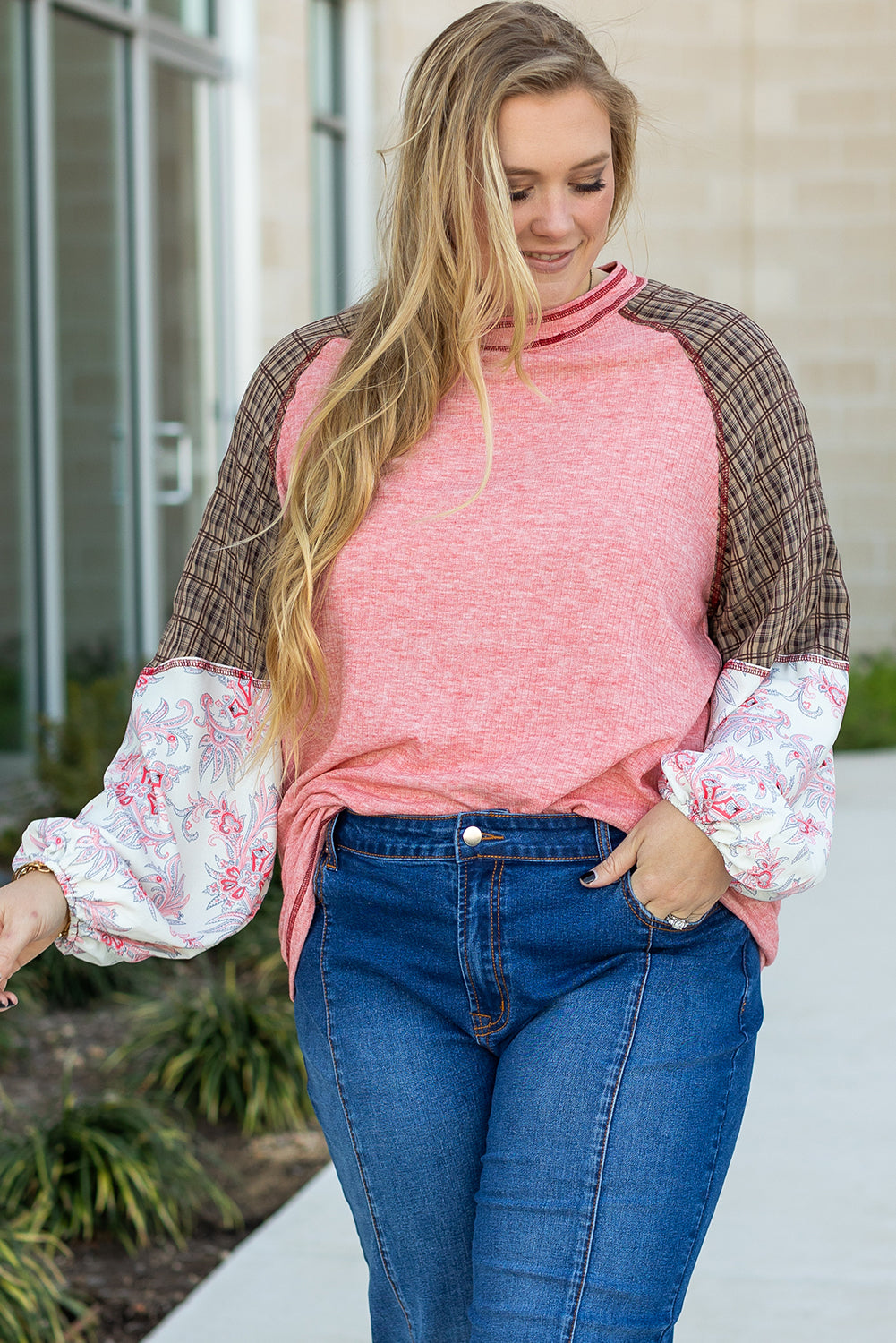 Pink Patchwork Sleeve Plus Size Top