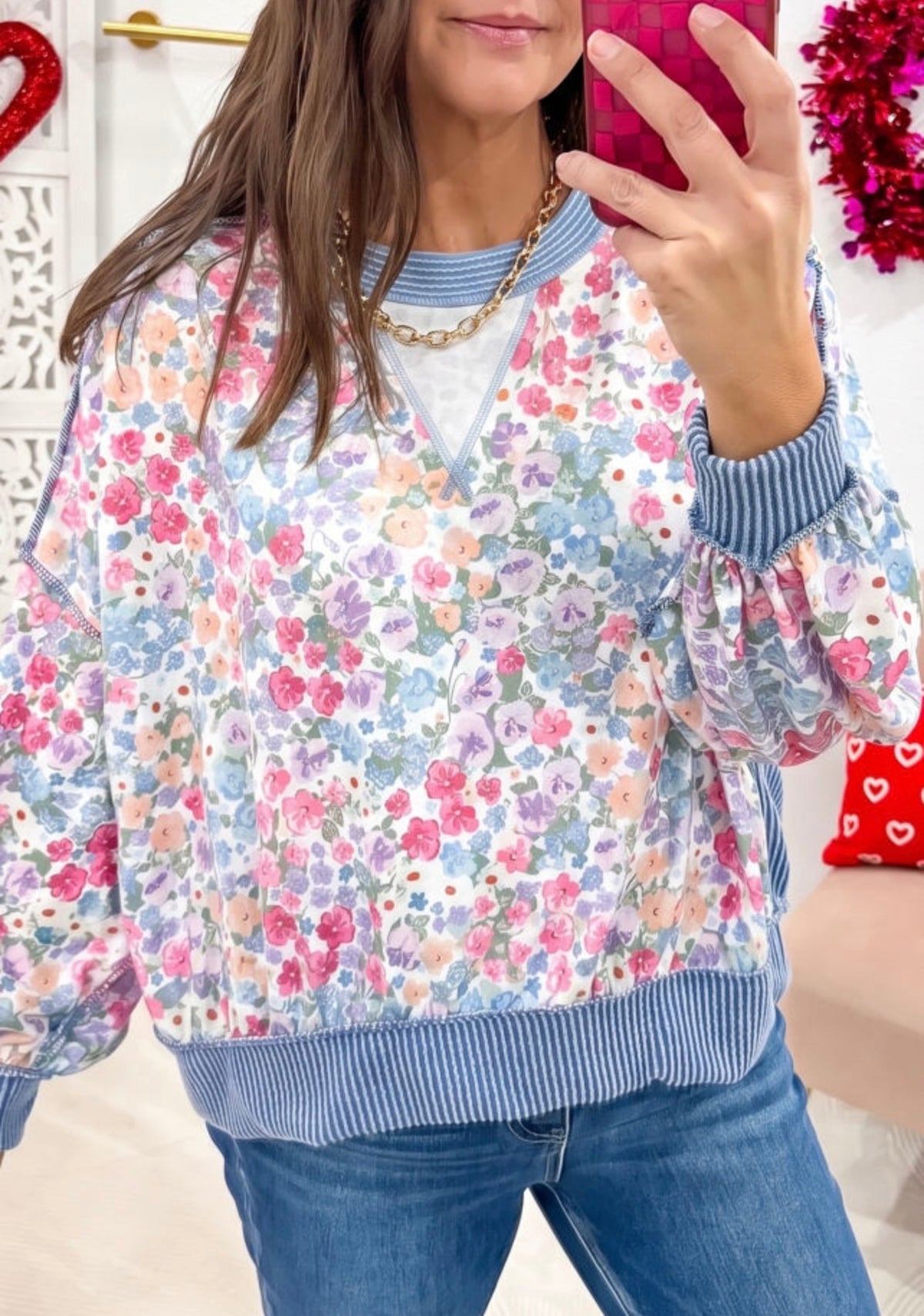 Blue Twisted Ribbed Floral Top