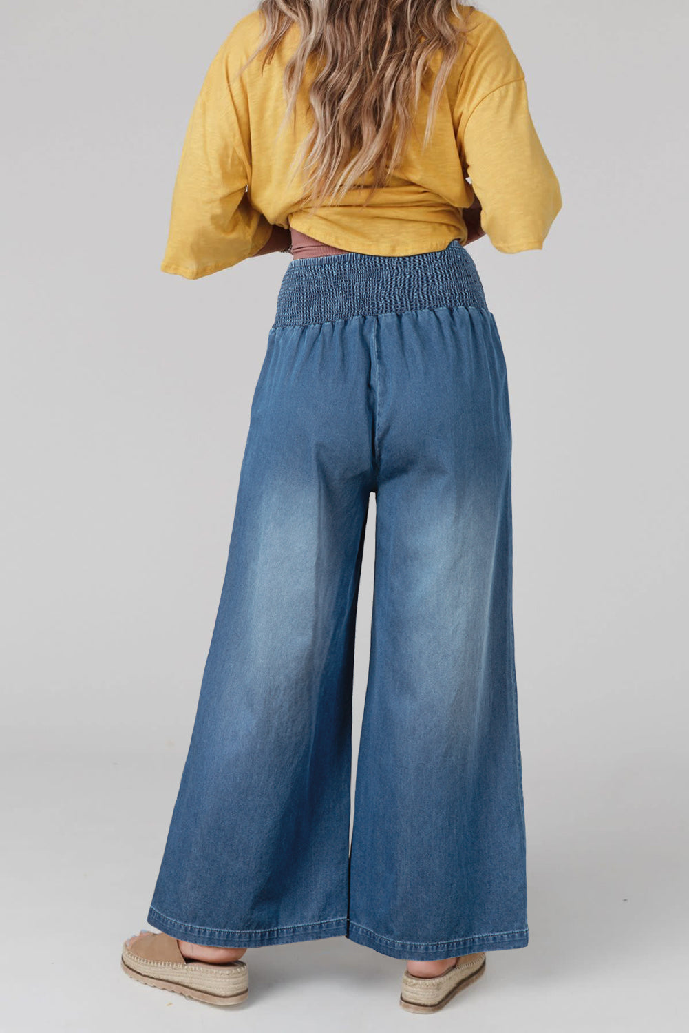 Blue Smocked High Waist Wide Leg Jeans